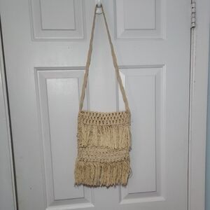 Beige Fringe Crochet Shoulder Bag